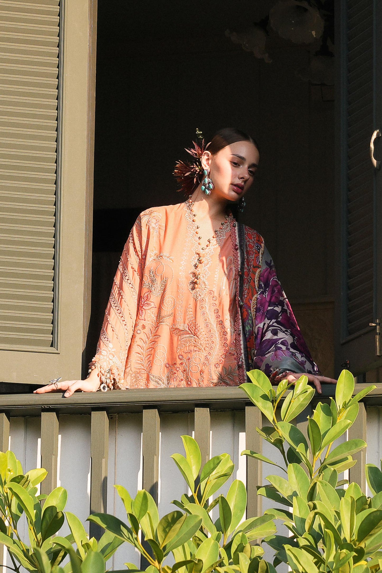 Model wearing peach embroidered dress with multicolour printed dupatta from Sana Safinaz Luxury Lawn '25, Pakistani clothes online in UK.