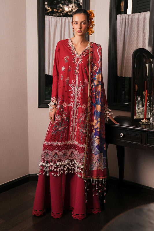 Model wearing deep red embroidered dress with multicolor dupatta from Sana Safinaz Luxury Lawn '25, Pakistani clothes online in UK.