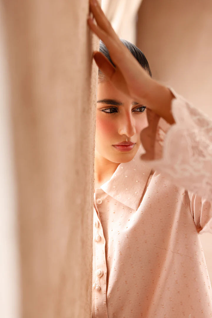 Model wearing beige embroidered coords EP-04 Lumi from Qalamkar, Pakistani luxury pret online in UK.