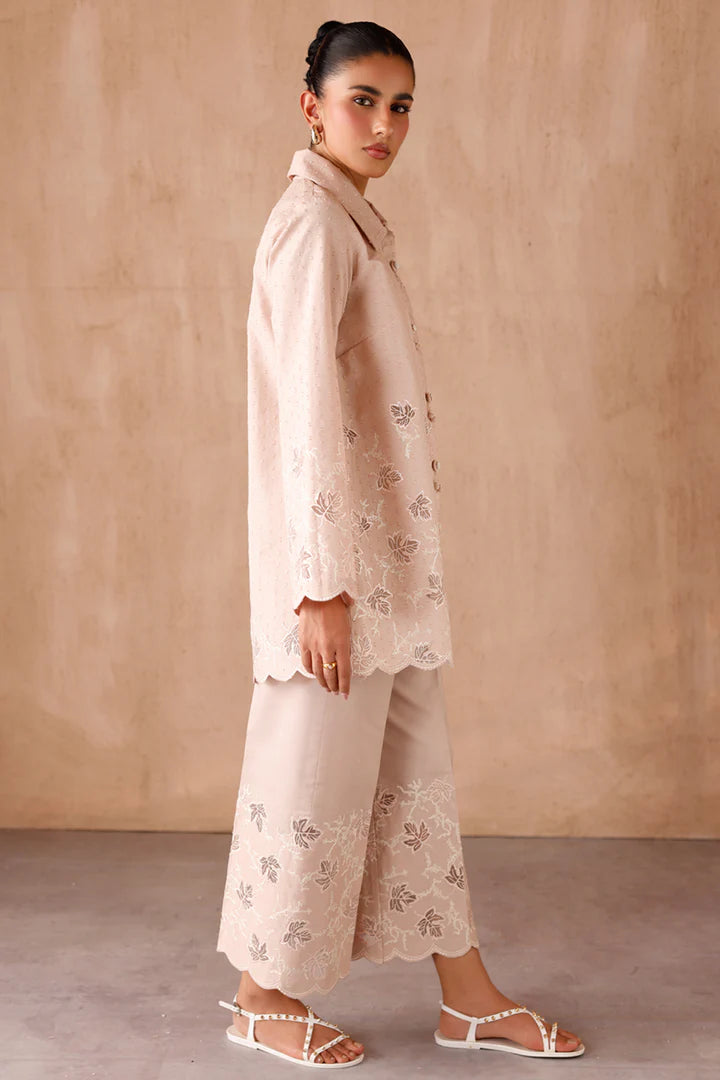 Model wearing beige embroidered coords EP-04 Lumi from Qalamkar, Pakistani luxury pret online in UK.