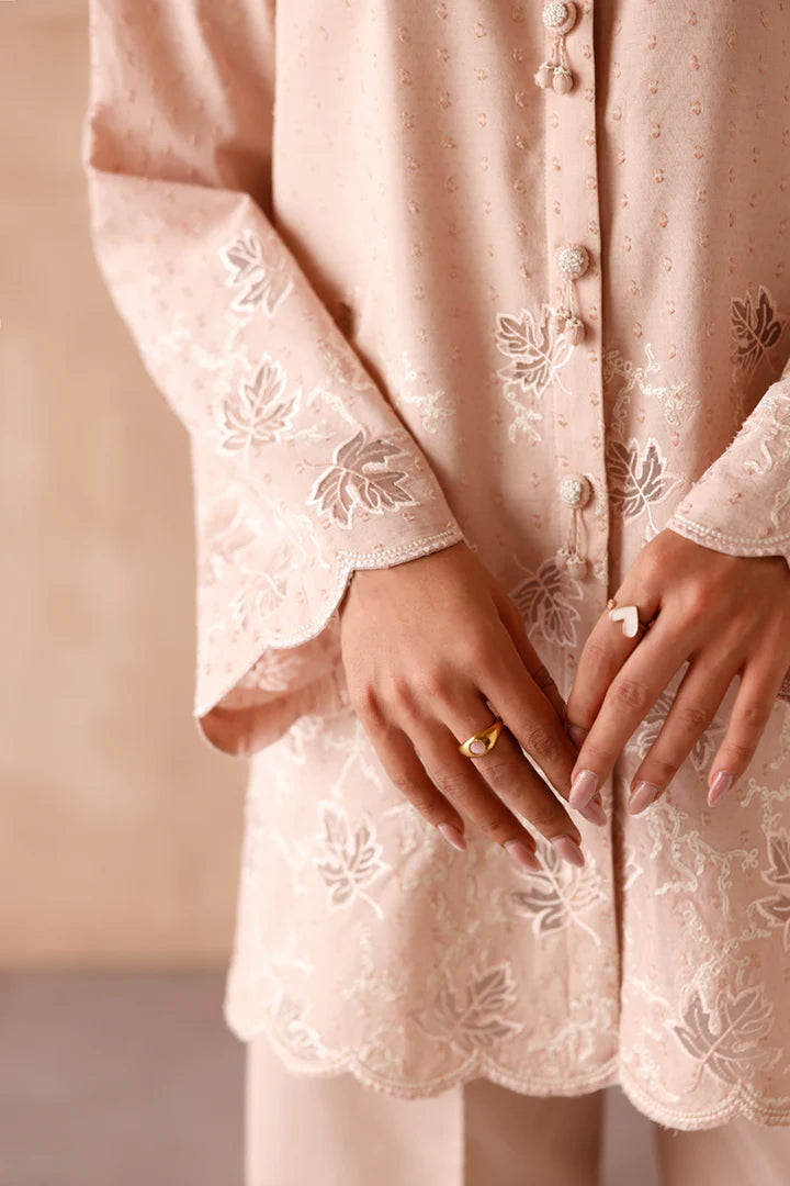 Model wearing beige embroidered coords EP-04 Lumi from Qalamkar, Pakistani luxury pret online in UK.