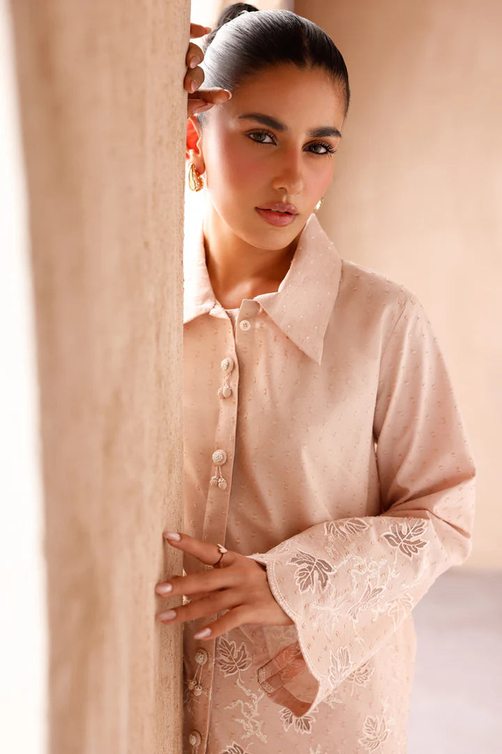 Model wearing beige embroidered coords EP-04 Lumi from Qalamkar, Pakistani luxury pret online in UK.