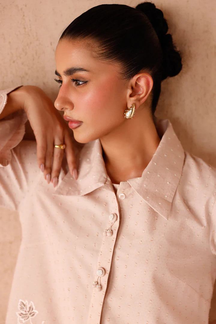 Model wearing beige embroidered coords EP-04 Lumi from Qalamkar, Pakistani luxury pret online in UK.