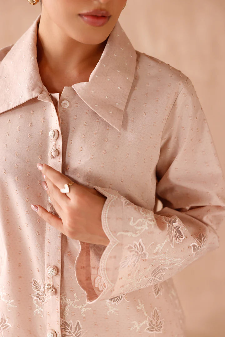 Model wearing beige embroidered coords EP-04 Lumi from Qalamkar, Pakistani luxury pret online in UK.