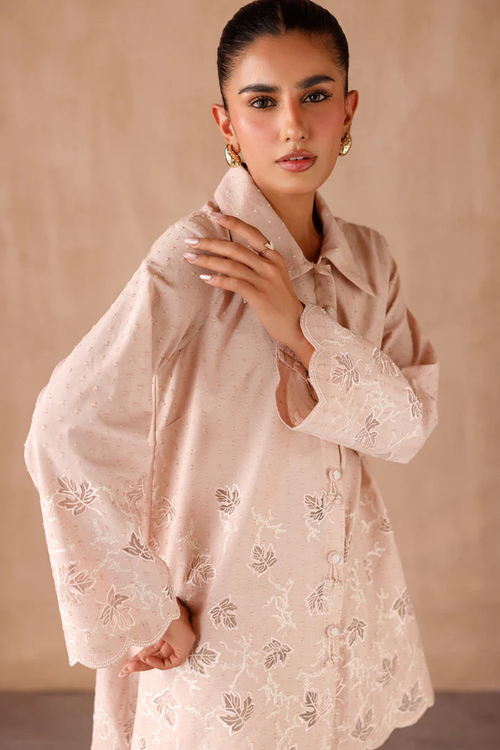 Model wearing beige embroidered coords EP-04 Lumi from Qalamkar, Pakistani luxury pret online in UK.