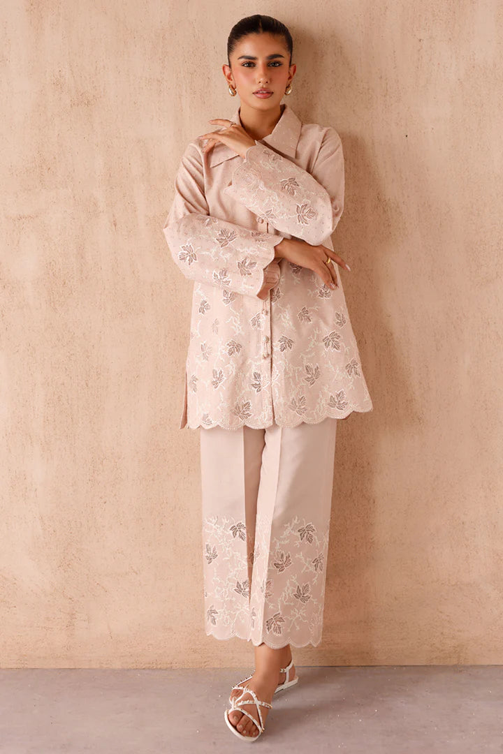 Model wearing beige embroidered coords EP-04 Lumi from Qalamkar, Pakistani luxury pret online in UK.