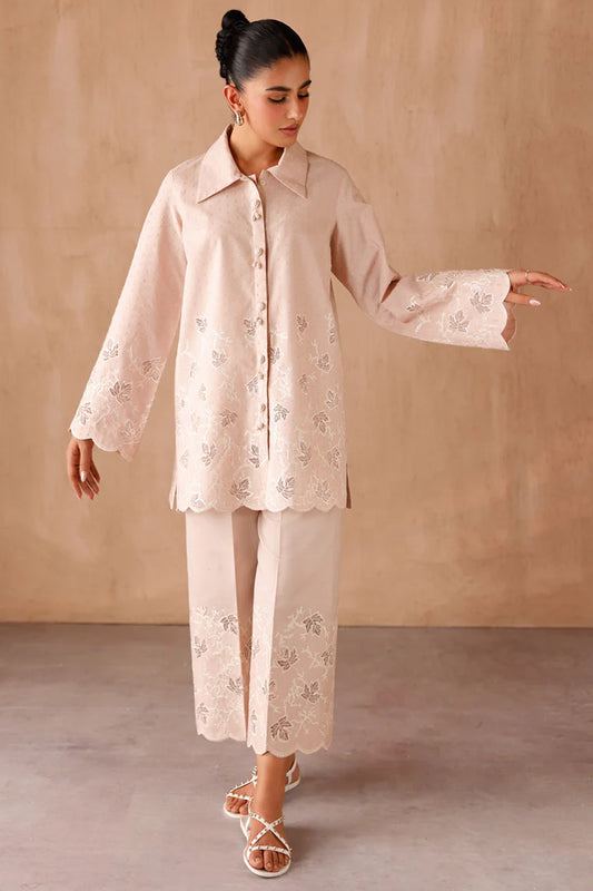 Model wearing beige embroidered coords EP-04 Lumi from Qalamkar, Pakistani luxury pret online in UK.