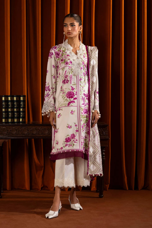 Model wearing a 3-piece floral suit in white and pink from the Sana Safinaz Muzlin Winter 2024 collection. The outfit features a digitally printed linen front, back, and sleeves, with embroidered organza patti for the neckline and sleeves. Styled with a printed khaddar dupatta and dyed cotton pants.