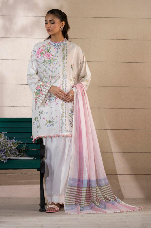 Model wearing ivory and pastel floral printed dress with striped pink dupatta from Sana Safinaz Muzlin Spring '25, Pakistani clothes online in UK.
