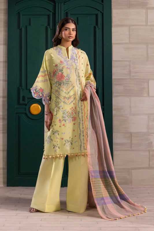 Model wearing lemon yellow floral printed dress with striped pastel dupatta from Sana Safinaz Muzlin Spring '25, Pakistani Luxury pret UK.