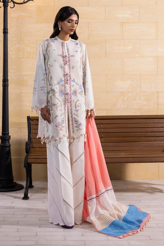 Model wearing off-white embroidered dress with peach and blue dupatta from Sana Safinaz Muzlin Spring '25, Pakistani Luxury pret UK.