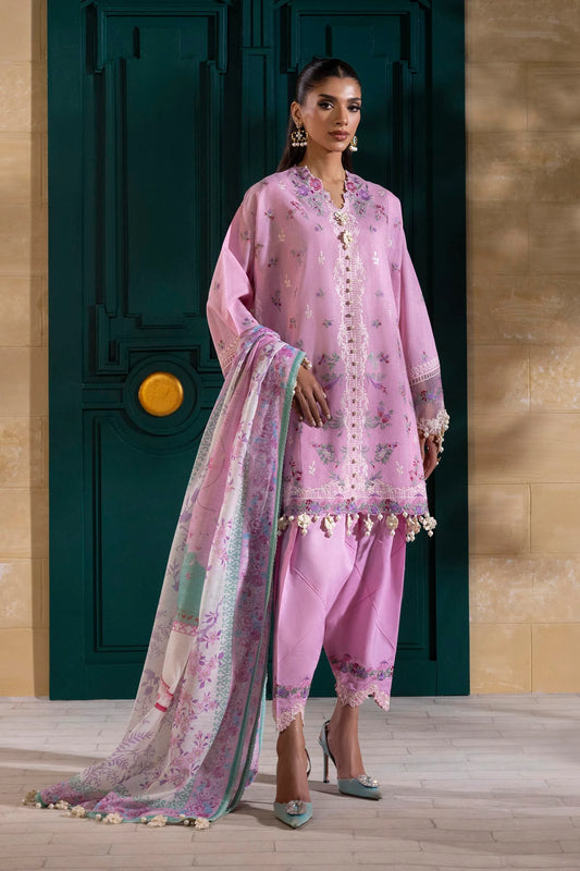 Model wearing pastel pink embroidered outfit with floral printed dupatta from Sana Safinaz Muzlin Spring '25, Pakistani Luxury pret UK.
