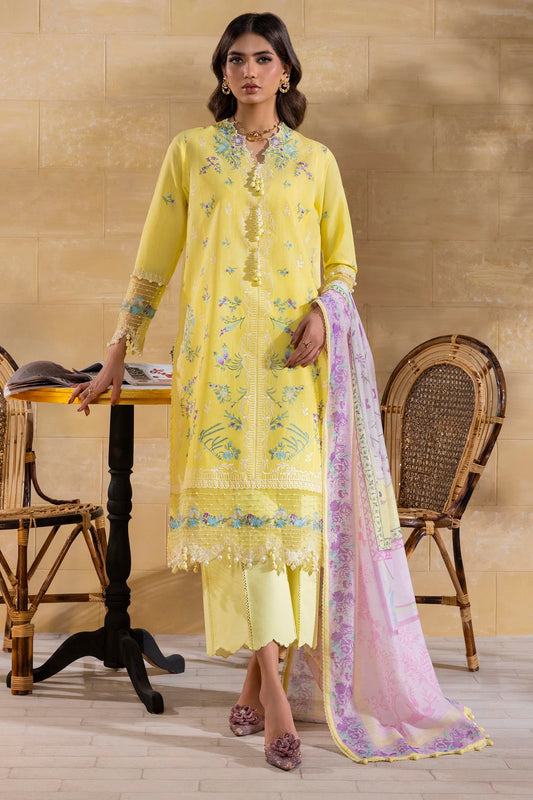 Model wearing lemon yellow embroidered outfit with pastel dupatta from Sana Safinaz Muzlin Spring '25, Pakistani Luxury pret in UK.