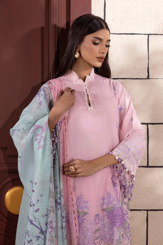Model wearing pastel pink outfit with lavender embroidery and mint printed dupatta from Sana Safinaz Muzlin Spring '25, Pakistani Luxury pret in UK.