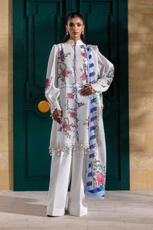 Model wearing white Sana Safinaz M251-013A-3CL outfit with vibrant pink floral embroidery and blue striped dupatta, Pakistani Luxury pret online UK.