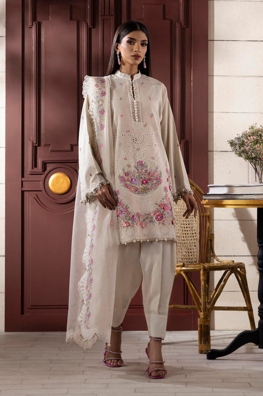 Model wearing off-white Sana Safinaz M251-014A-3CT outfit with pink floral embroidery and lace detailing, Pakistani Luxury pret in UK.
