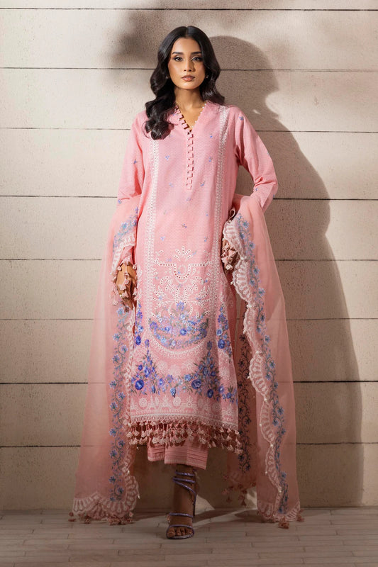 Model wearing pink Sana Safinaz M251-014B-3CT outfit with blue floral embroidery and lace accents, Pakistani Luxury pret in UK.