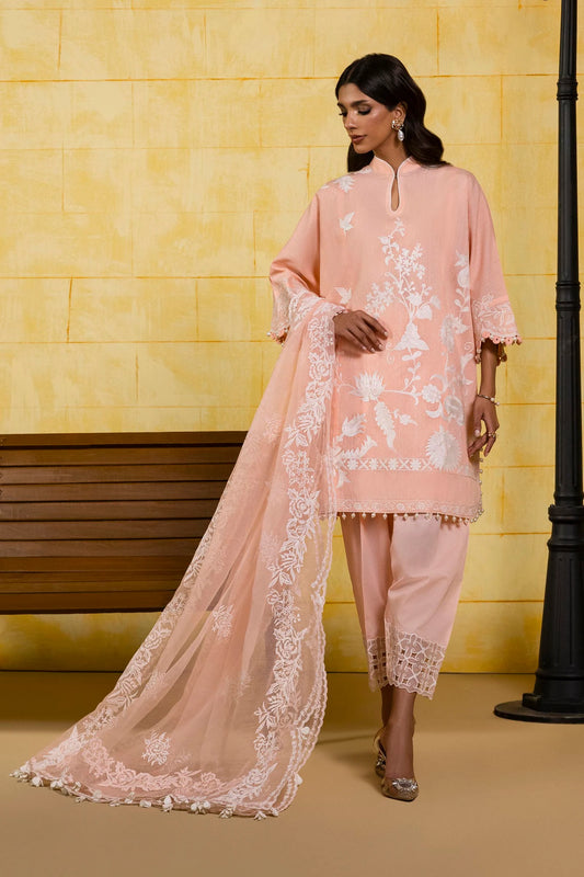 Model wearing peach Sana Safinaz M251-015A-3CT outfit with white floral embroidery and lace dupatta, Pakistani Luxury pret in UK.