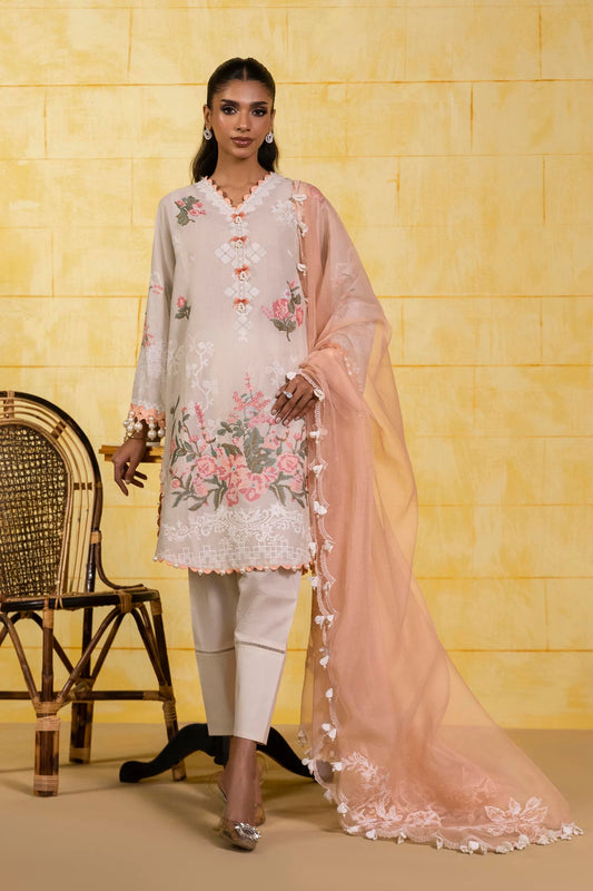 Model wearing peach beige Sana Safinaz M251-016A-3CT outfit with floral embroidery and peach organza dupatta, Pakistani Luxury pret in UK.