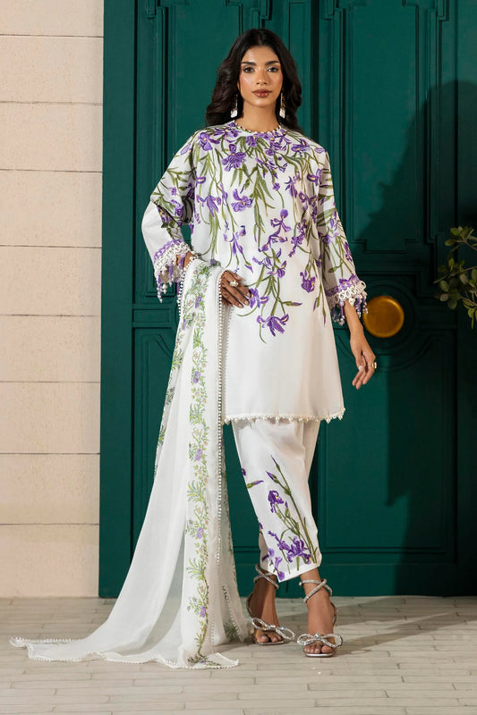 Model wearing white Sana Safinaz M251-017A-3CJ outfit with purple floral embroidery and printed dupatta, Pakistani Luxury pret in UK.