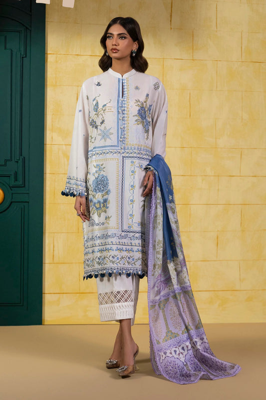 Model wearing white Sana Safinaz M251-018A-3CT outfit with blue embroidered motifs and purple printed dupatta, Pakistani Luxury pret in UK.