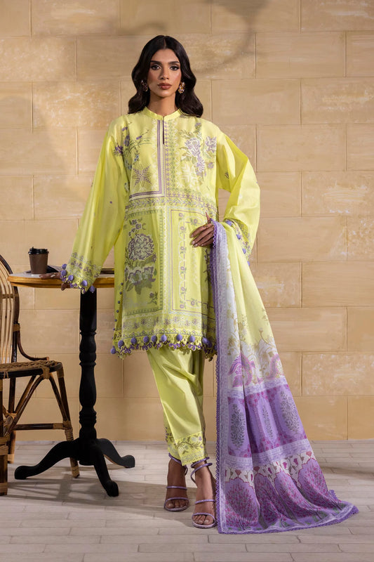 Model wearing lemon yellow Sana Safinaz M251-018B-3CT outfit with lilac embroidered details and printed dupatta, Pakistani Luxury pret in UK.