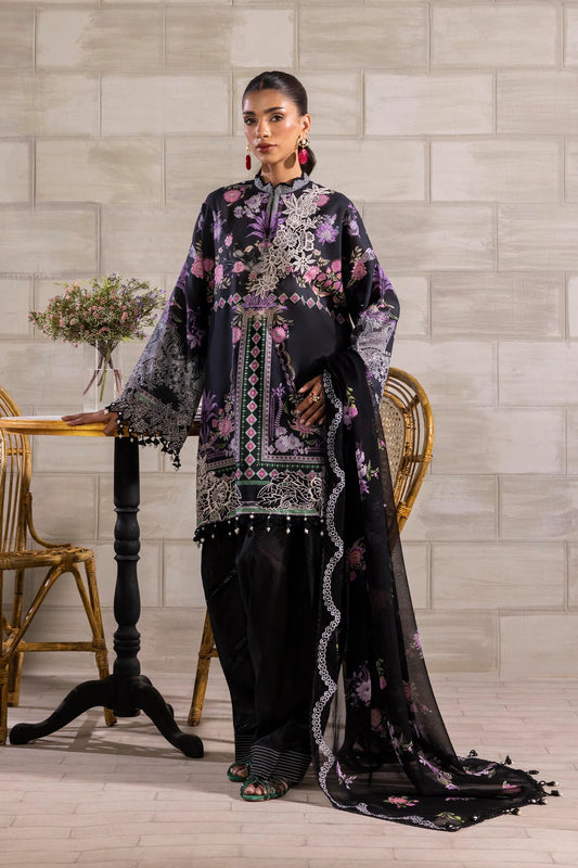 Model wearing black Sana Safinaz M251-019B-3CS outfit with purple floral embroidery and lace accents, Pakistani Luxury pret available online in UK.