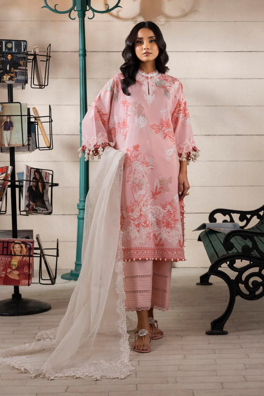 Model wearing pink Sana Safinaz M251-020A-3CS outfit with white floral embroidery and lace dupatta, Pakistani Luxury pret available online in UK.