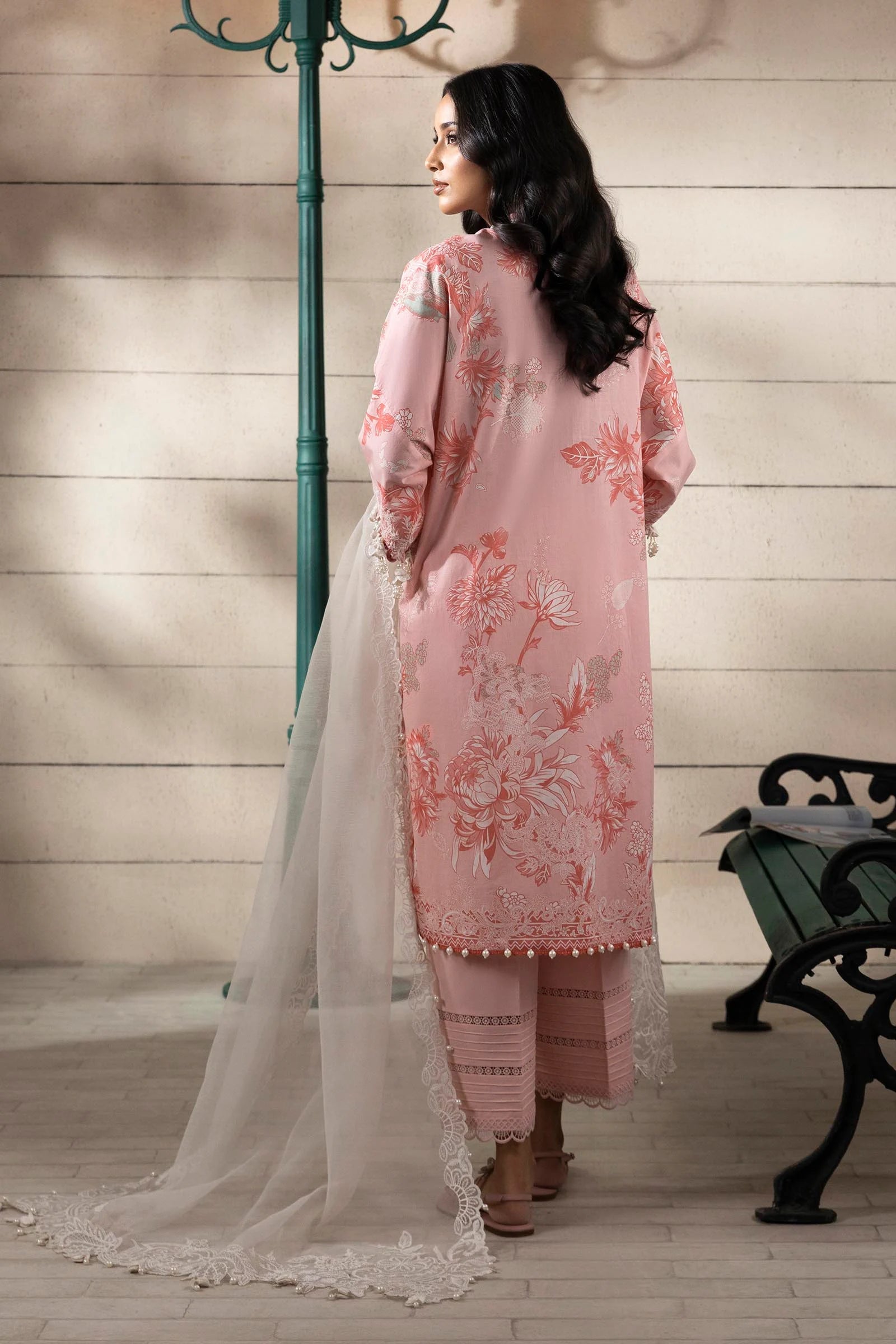 Model wearing pink Sana Safinaz M251-020A-3CS outfit with white floral embroidery and lace dupatta, Pakistani Luxury pret available online in UK.