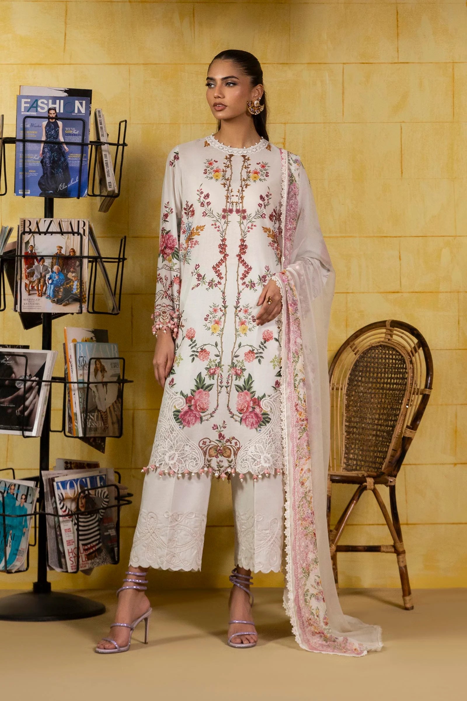 Model wearing ivory Sana Safinaz M251-026A-3CI outfit with multicolor floral embroidery and matching dupatta, Pakistani Luxury pret, Pakistani clothes online in UK.