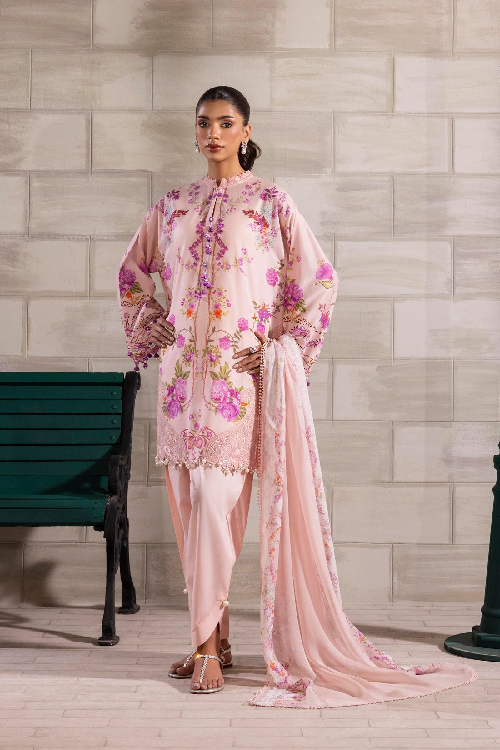 Model wearing blush pink Sana Safinaz M251-026B-3CI outfit with vibrant floral embroidery and matching dupatta, Pakistani Luxury pret, Pakistani clothes online in UK.