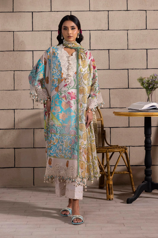 Model wearing multicolor Sana Safinaz M251-027B-3CI outfit with vibrant prints and ivory base, Pakistani Luxury pret, Pakistani clothes online in UK.