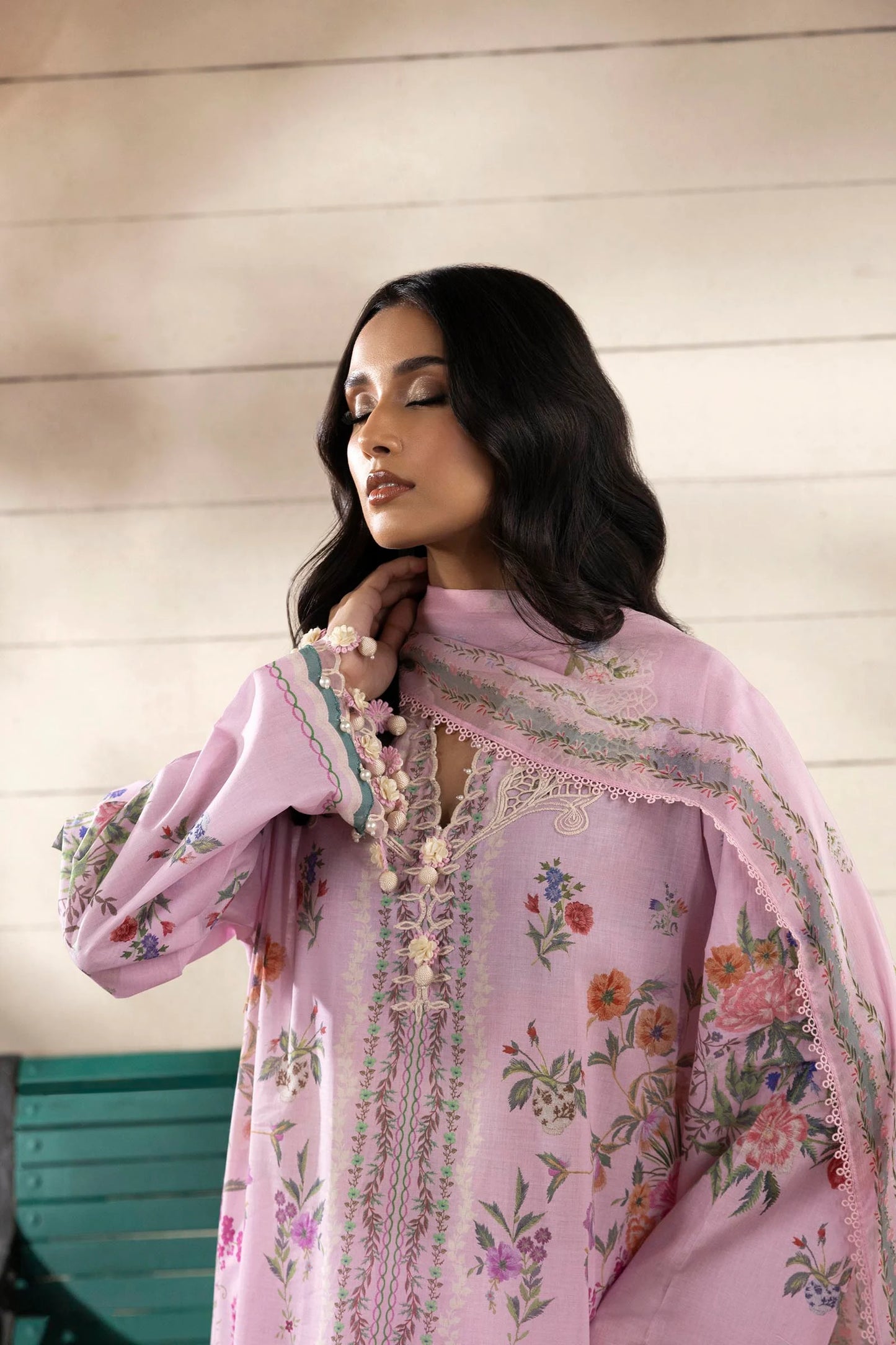 Model wearing lilac Sana Safinaz M251-028B-3CI outfit with multicolor floral prints and pink dupatta, Pakistani Luxury pret, Pakistani clothes online in UK.