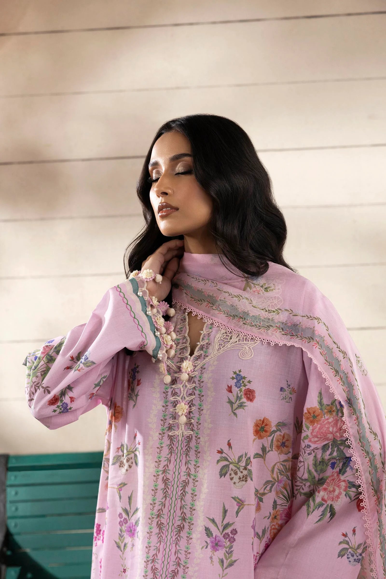 Model wearing lilac Sana Safinaz M251-028B-3CI outfit with multicolor floral prints and pink dupatta, Pakistani Luxury pret, Pakistani clothes online in UK.