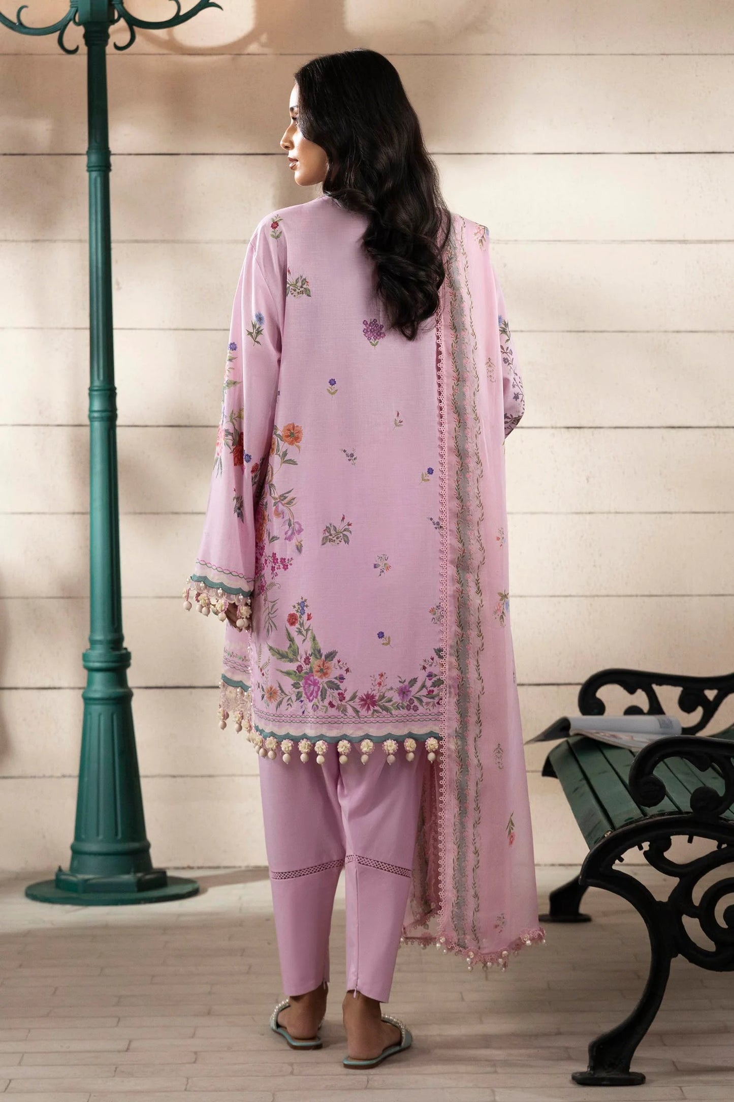Model wearing lilac Sana Safinaz M251-028B-3CI outfit with multicolor floral prints and pink dupatta, Pakistani Luxury pret, Pakistani clothes online in UK.