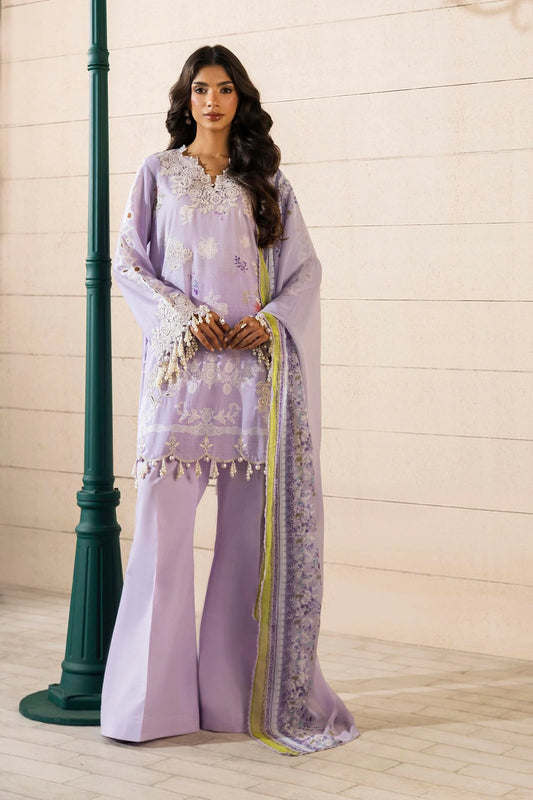 Model wearing lavender Sana Safinaz M251-029A-3CI outfit with white embroidery and printed dupatta, Pakistani Luxury pret, Pakistani clothes online in UK.