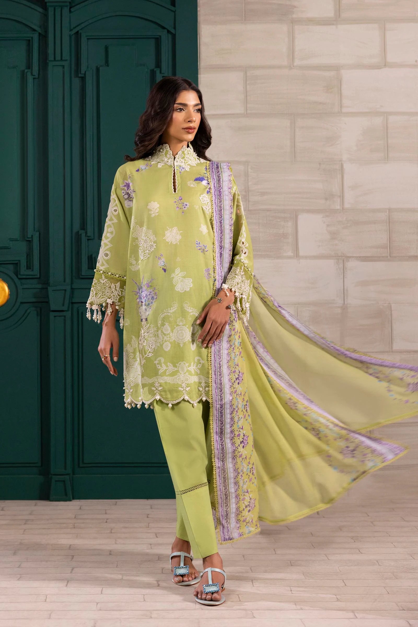 Model wearing lime green Sana Safinaz M251-029B-3CI outfit with white and lilac embroidery and printed dupatta, Pakistani Luxury pret, Pakistani clothes online in UK.
