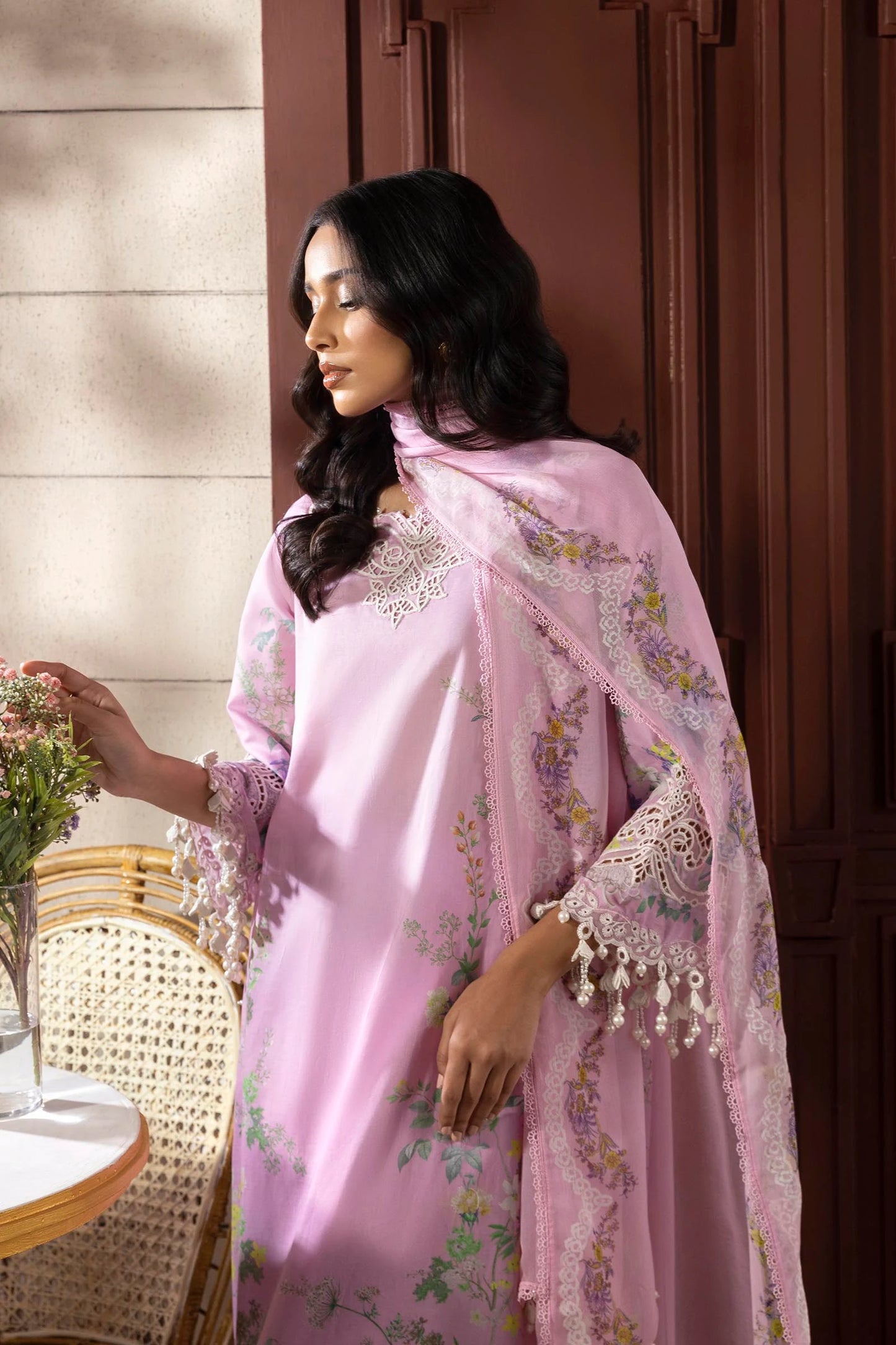 Model wearing lilac pink Sana Safinaz M251-030B-3CI outfit with pastel floral prints and lace detailing, Pakistani Luxury pret, Pakistani clothes online in UK.