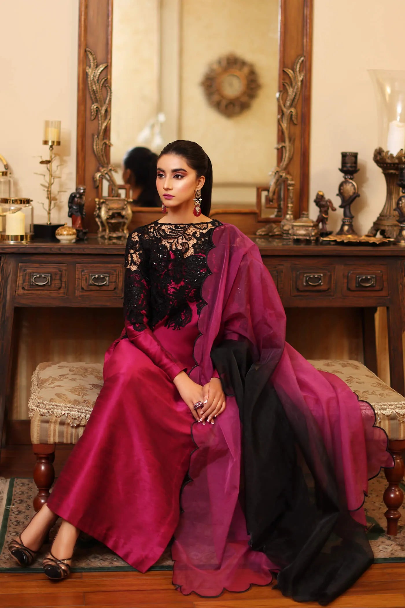 Model in ROYAL ONYX dress by Musferah Saad, Eid '24 collection, luxurious Pakistani fashion, UK.