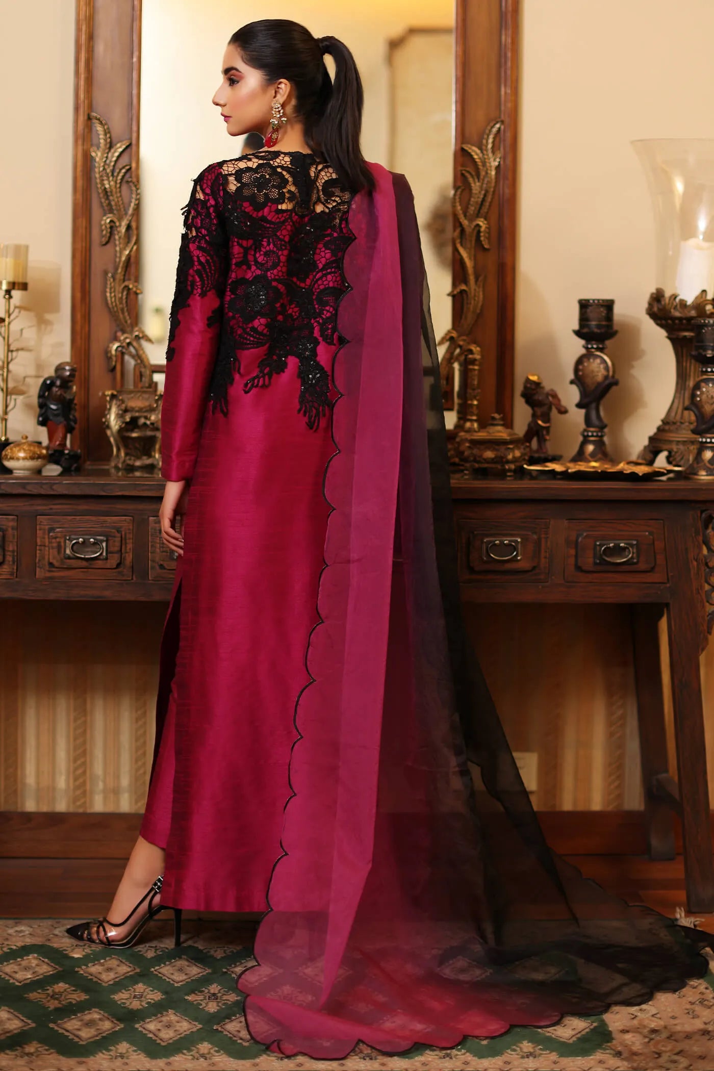 Model in ROYAL ONYX dress by Musferah Saad, Eid '24 collection, luxurious Pakistani fashion, UK.