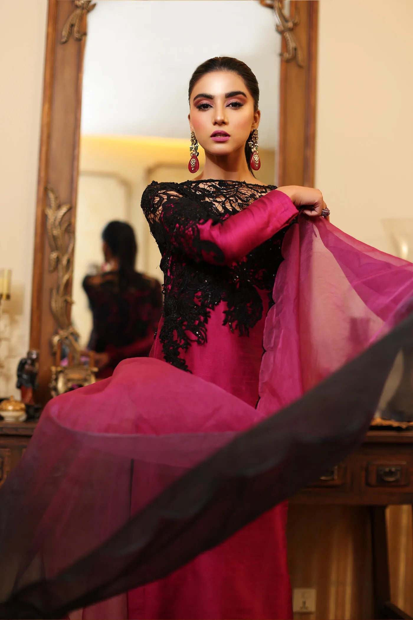 Model in ROYAL ONYX dress by Musferah Saad, Eid '24 collection, luxurious Pakistani fashion, UK.