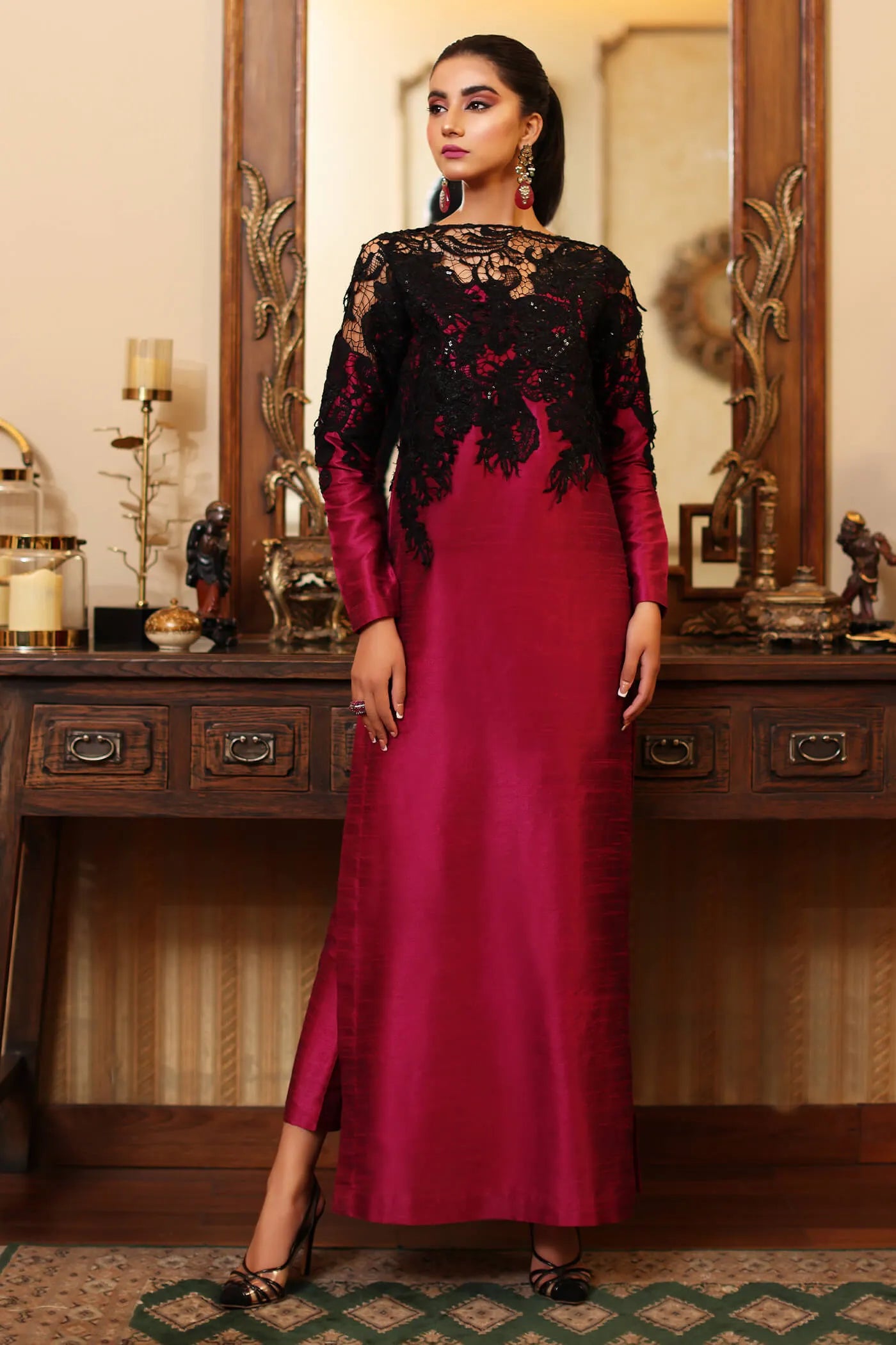 Model in ROYAL ONYX dress by Musferah Saad, Eid '24 collection, luxurious Pakistani fashion, UK.