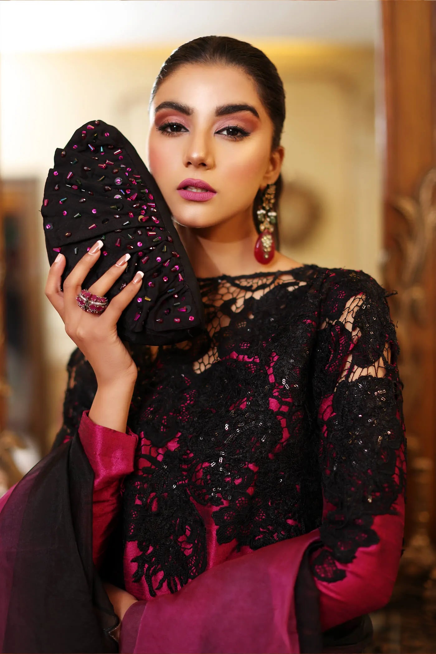 Model in ROYAL ONYX dress by Musferah Saad, Eid '24 collection, luxurious Pakistani fashion, UK.