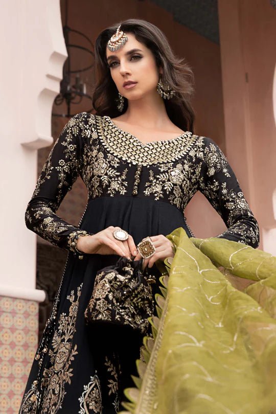 Model wearing Maria B Black CST - 703 dress, showcasing Pakistani clothes online in UK at Signature Labels