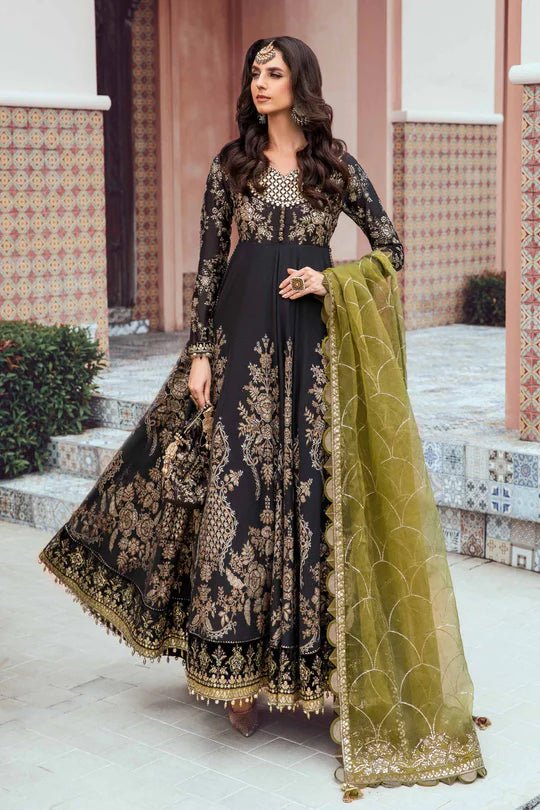 Model in Maria B UK Black CST - 703, opulent Pakistani clothes UK from the Sateen Fall Collection.