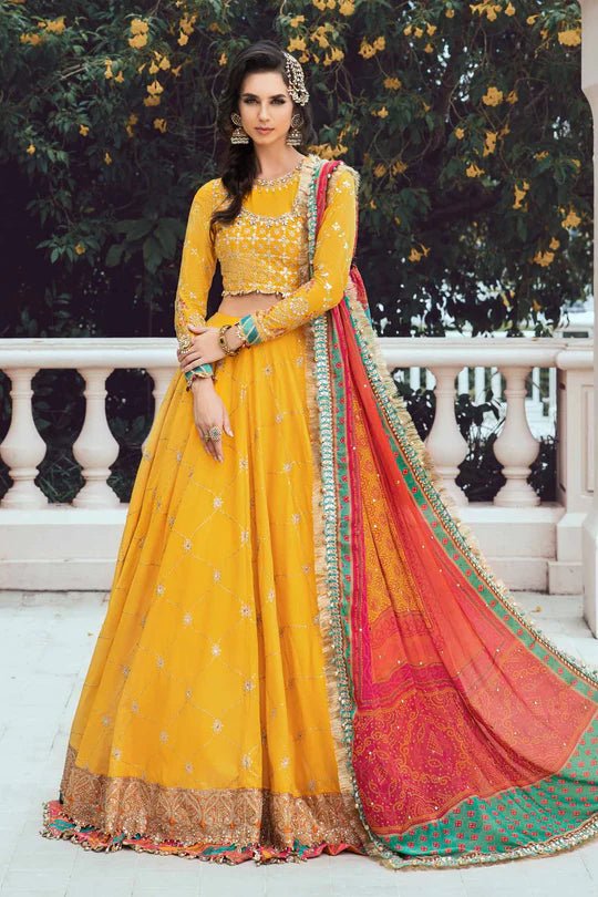 Maria B UK Yellow CST - 705, vibrant Pakistani clothes with sequin details and colorful dupatta.