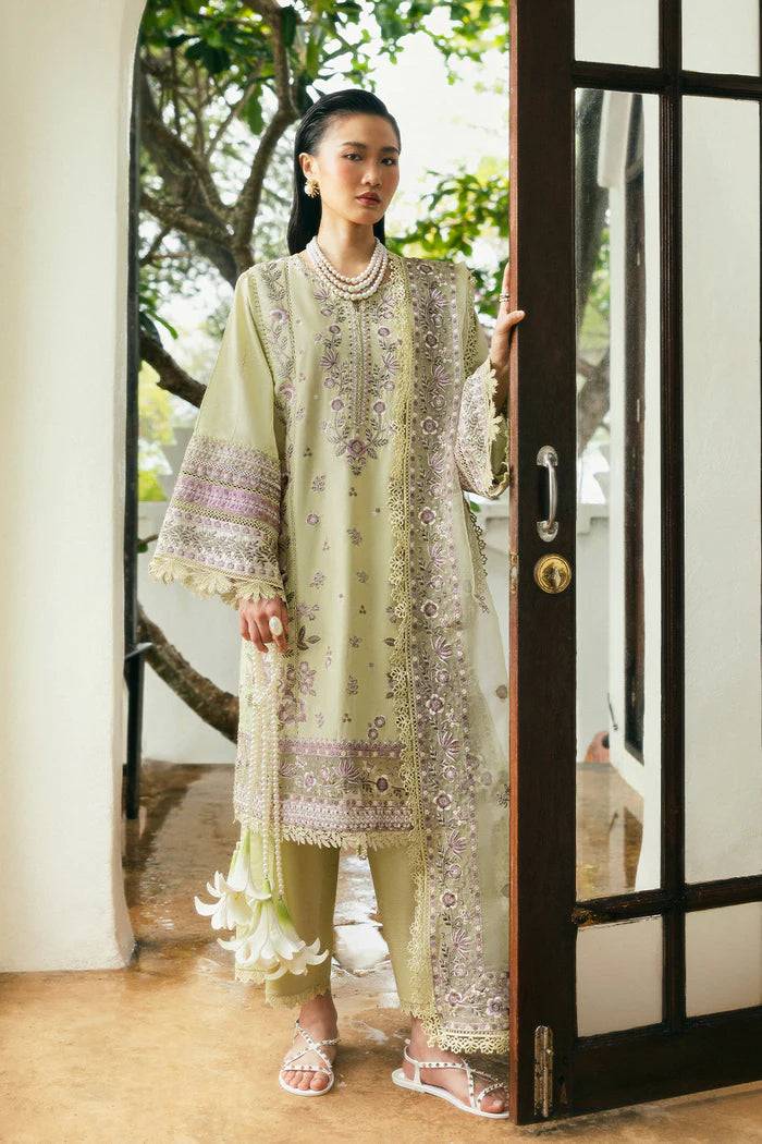 Model wearing soft lime green Saira Rizwan ELAN SREP01-25 from Sajri Eid Pret '25, Pakistani luxury pret, shop Pakistani clothes online in UK.