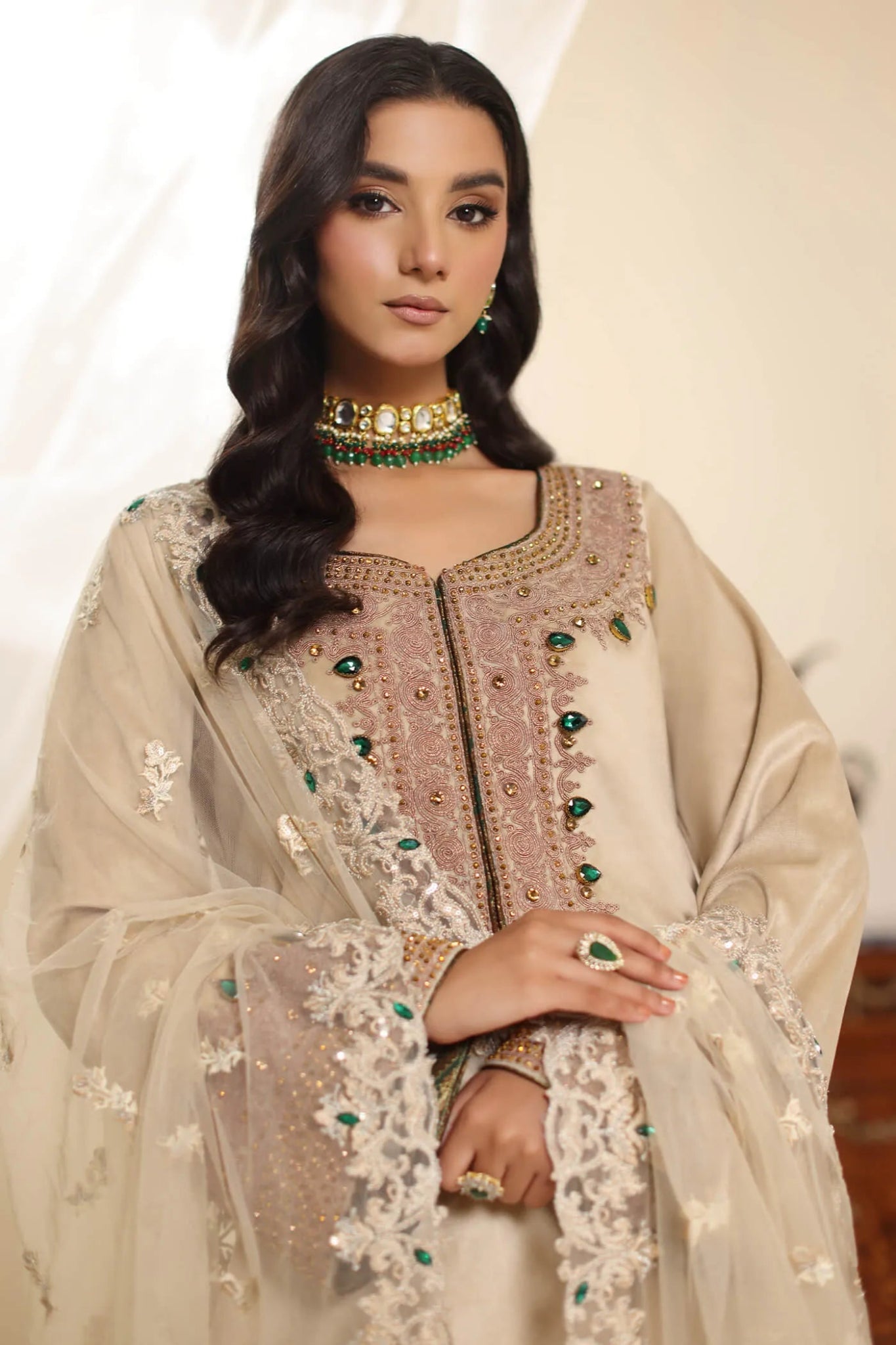 Model wearing Musferah Saad Champagne Grace dress in elegant beige from the Amor a La Vida collection, ideal for Pakistani wedding clothes online in the UK.