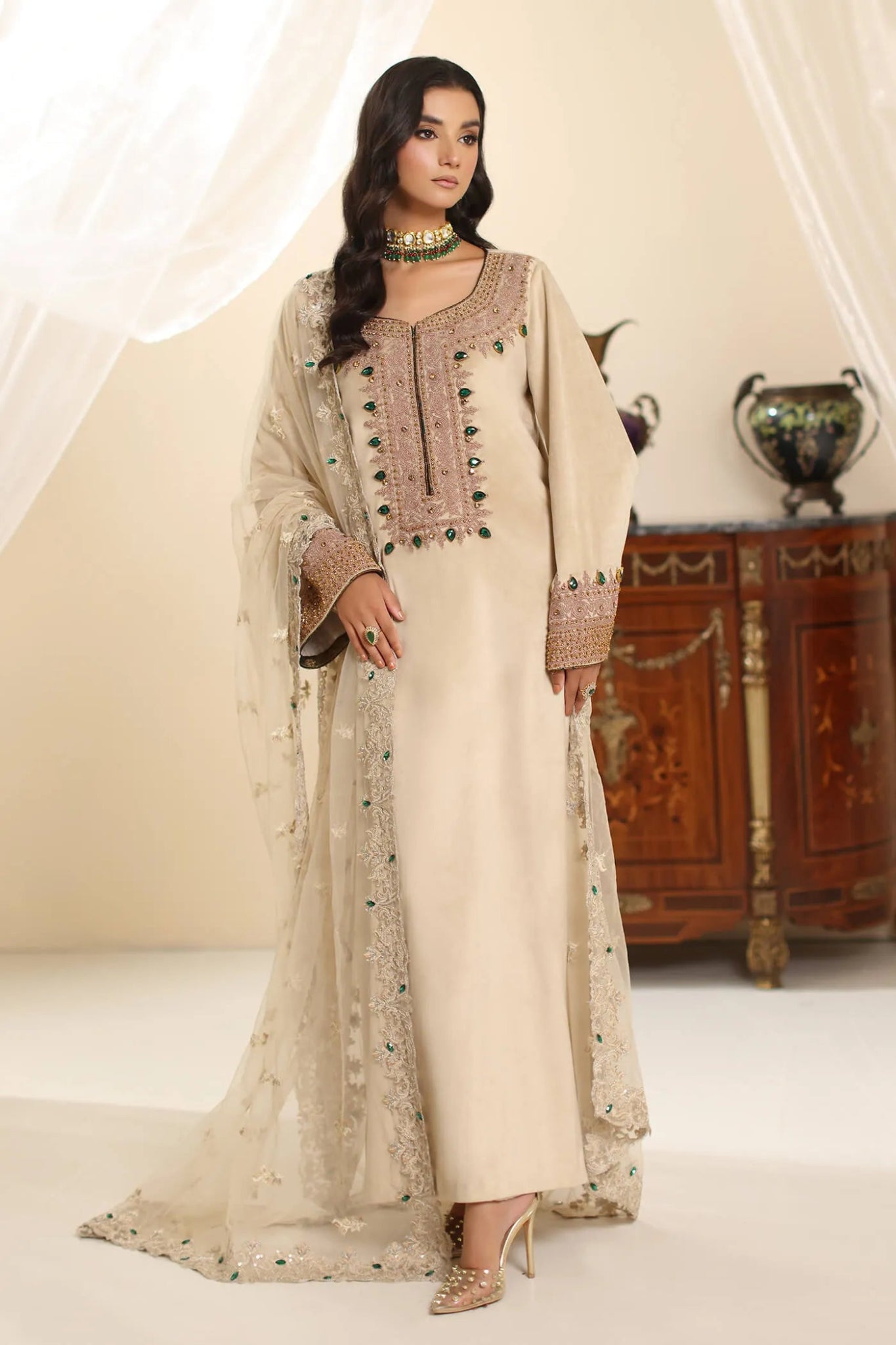 Model wearing Musferah Saad Champagne Grace dress in elegant beige from the Amor a La Vida collection, ideal for Pakistani wedding clothes online in the UK.