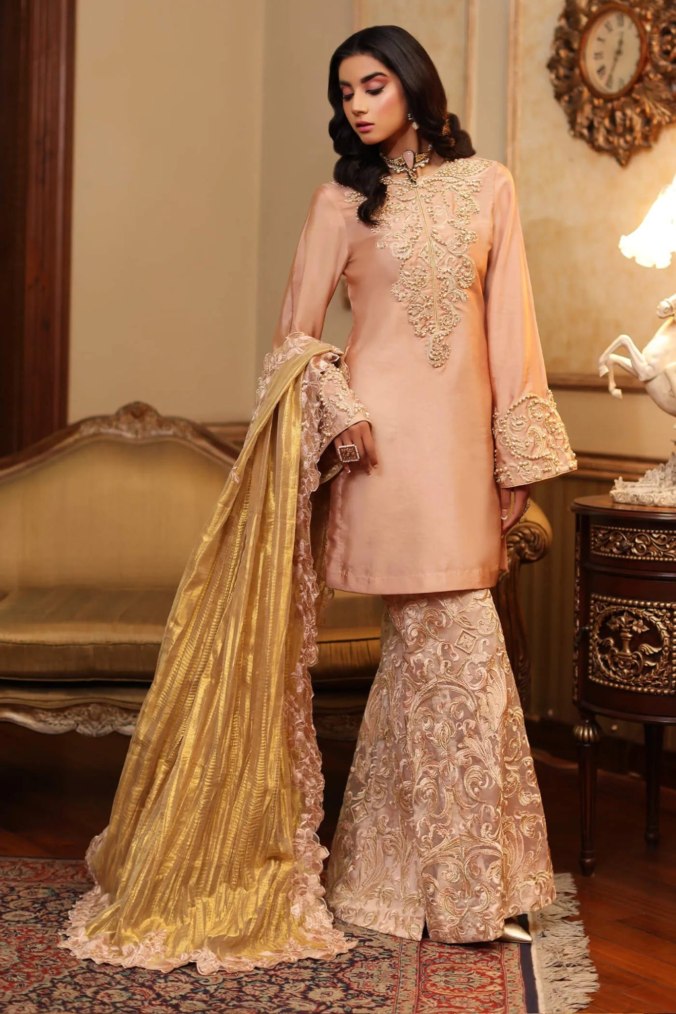 Elegant Musferah Saad CARNATION dress, Eid '24 collection, intricate embroidery, perfect for Pakistani attire in the UK.